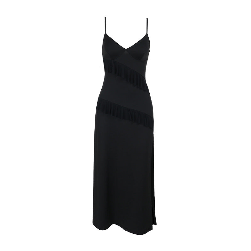 Damen Elegantes Maxikleid mit verspielten Rüschendetails und tiefem Schlitz Drune