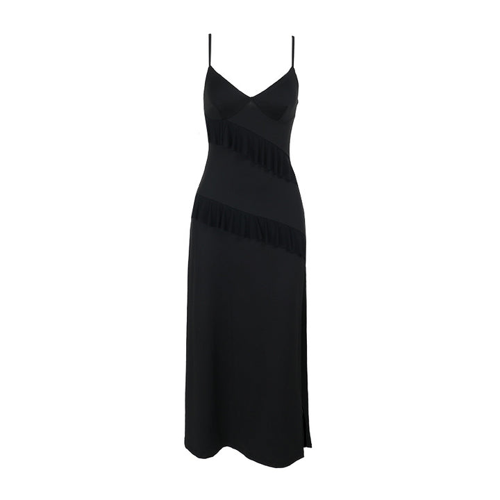Damen Elegantes Maxikleid mit verspielten Rüschendetails und tiefem Schlitz Drune