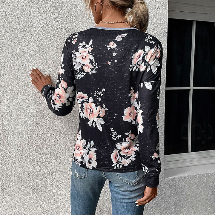 Damen Sweatshirt mit floralem V-Ausschnitt und eleganten Rüschendetails Drune