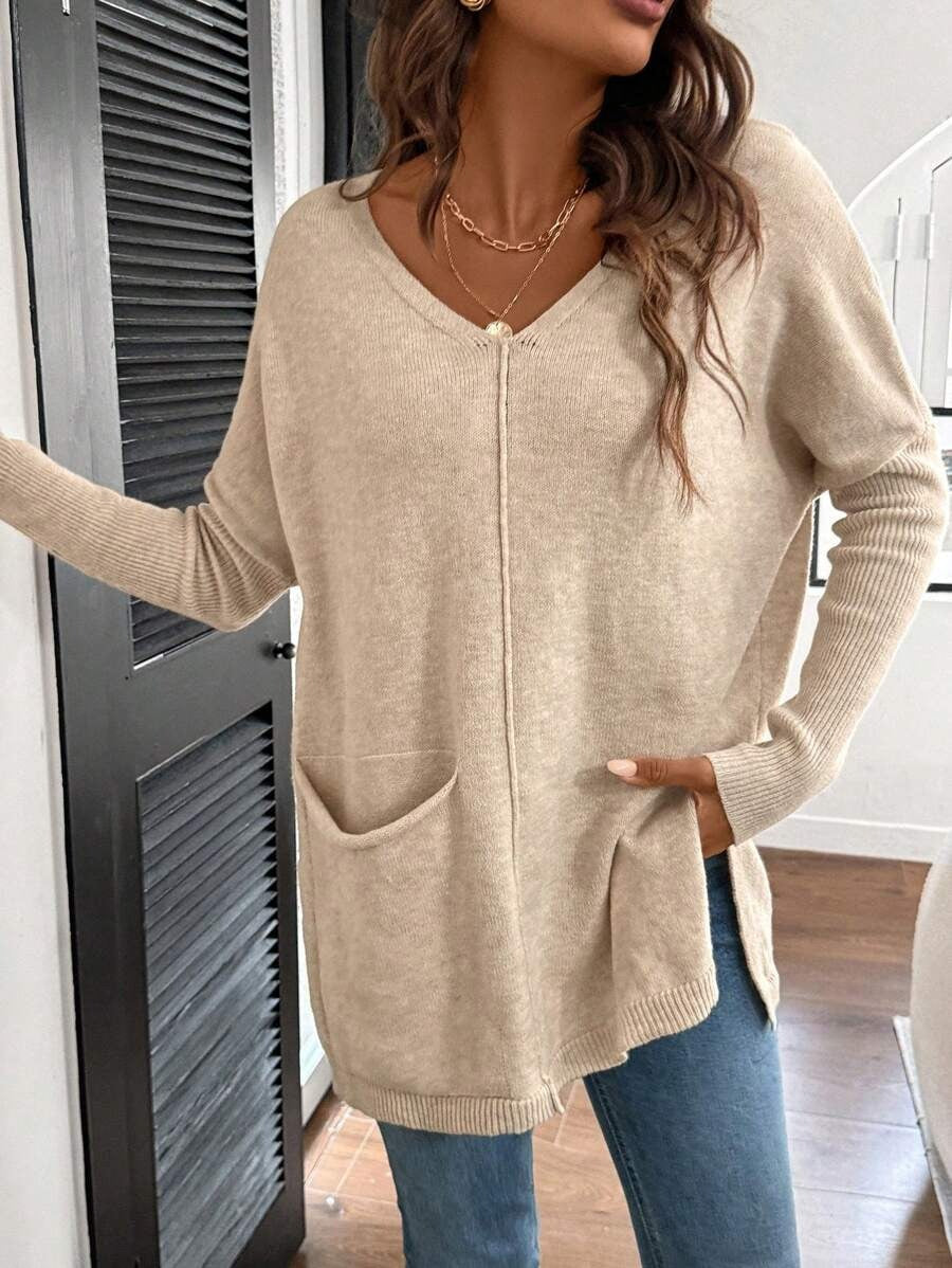 Damen Lässiger Pullover mit V-Ausschnitt und aufgesetzten Taschen Drune