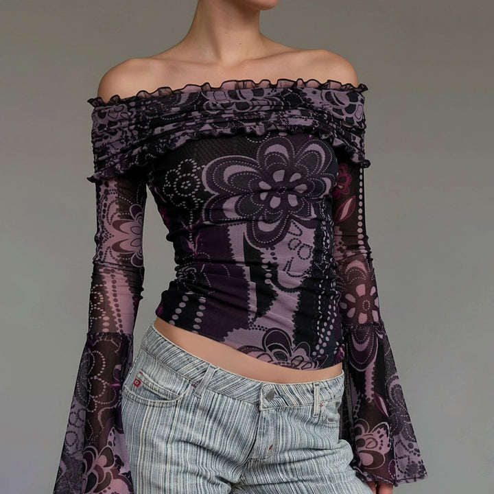 Damen Off-Shoulder Bluse mit eleganten Rüschendetails und weiten Ärmeln Drune