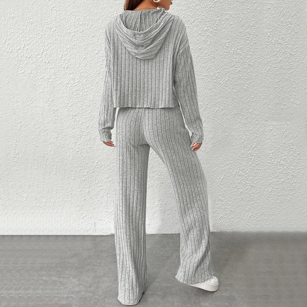 Damen gemütliches Strick-Set mit lässigem Hoodie und weitem Bein Drune