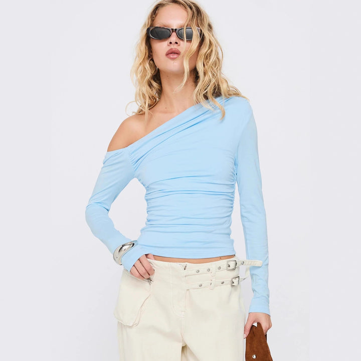 Damen Off-Shoulder Raffungsshirt mit langen Ärmeln und elegantem Design Drune