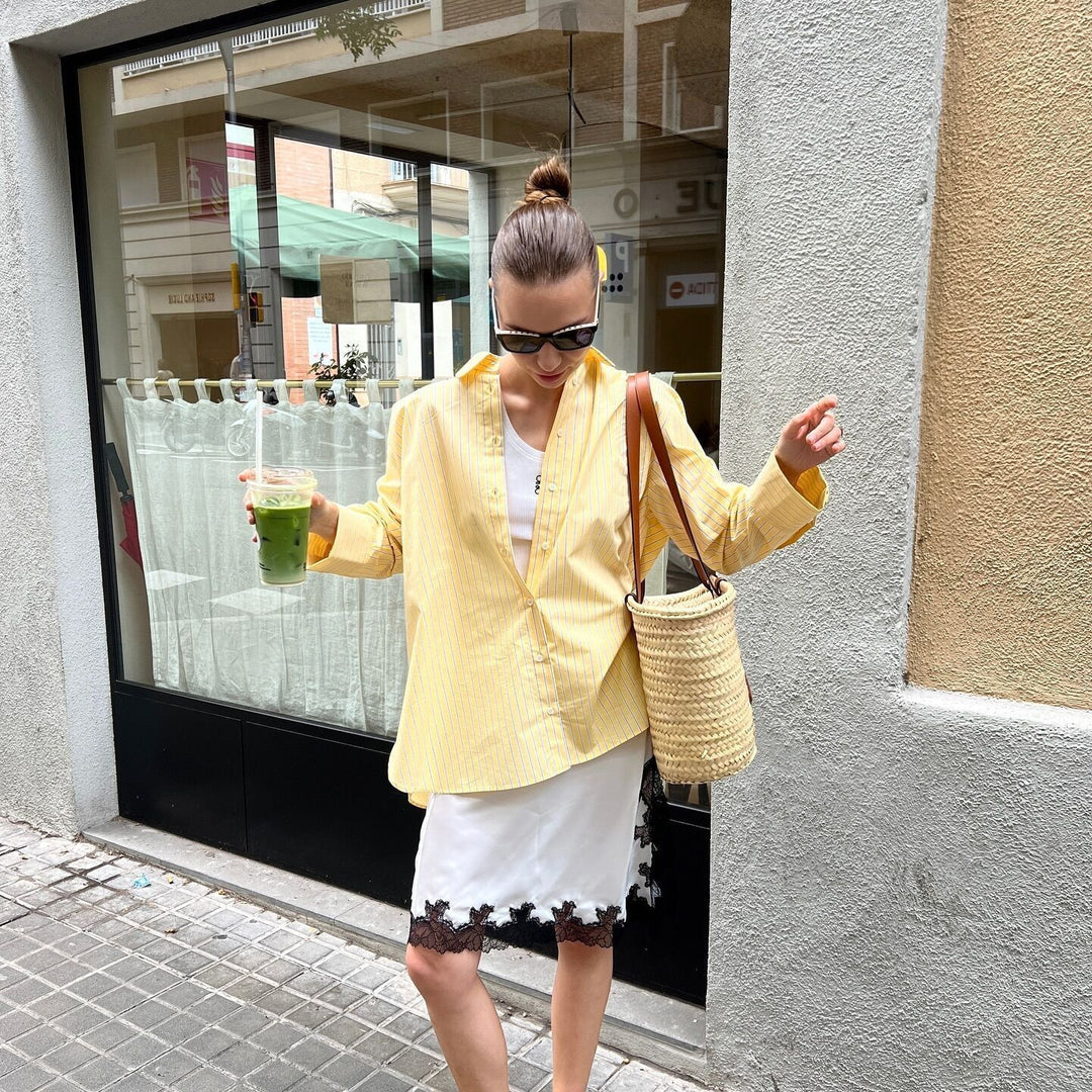 Damen nan lockere Oversize-Hemdbluse mit klassischem Kragen, durchgehender Knopfleiste und abgerundetem Saum Drune