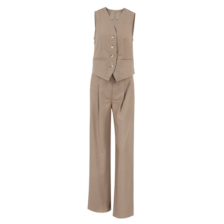 Damen elegantes, tailliertes Anzug-Set mit ärmellosem Blazer und weitem Hosen Drune