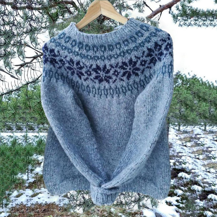 Damen nan melierter Rundhalsausschnittpullover mit kreisförmigem Jacquard-Yoke und geripptem Saum Drune