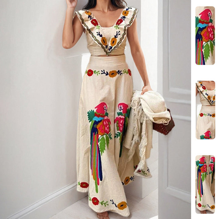 Damen Elegantes Maxikleid mit kunstvollem Stickmuster und Volantärmeln Drune