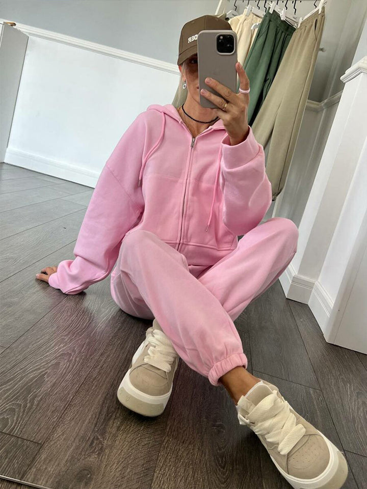 Damen sportliches Fleece-Jogginganzug mit praktischer Kapuze und Kordelzug Drune