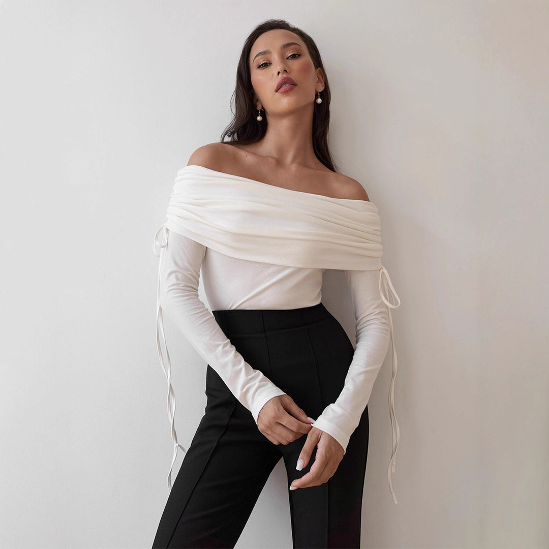 Damen Off-Shoulder Bluse mit Raffungen und langen Ärmeln Drune
