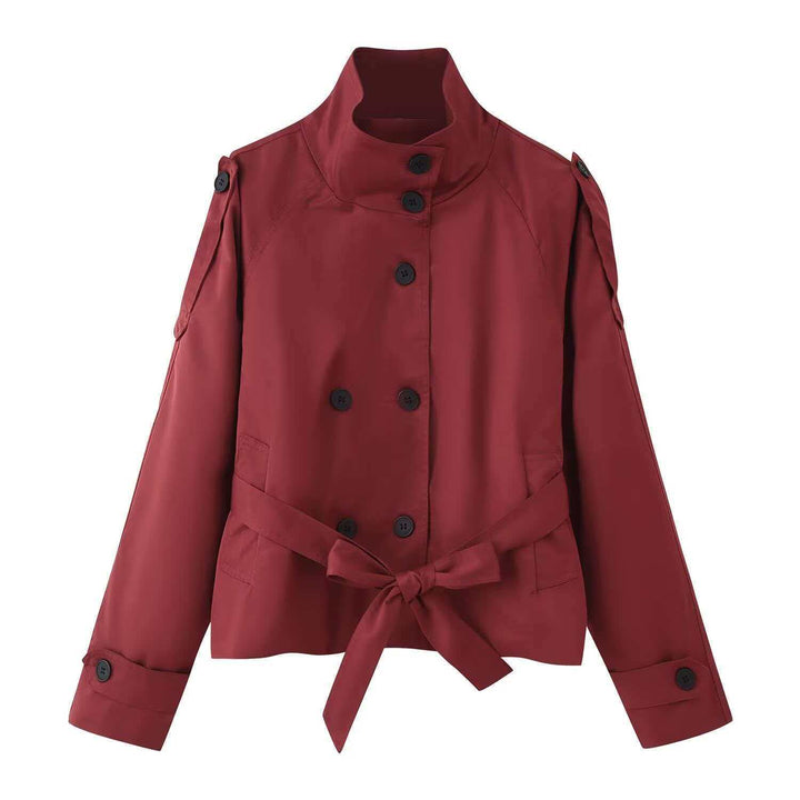 Damen nan kurztaillierte Trenchjacke mit hohem Stehkragen, doppeltreihiger Knopfleiste und taillierbarem Bindegürtel Drune