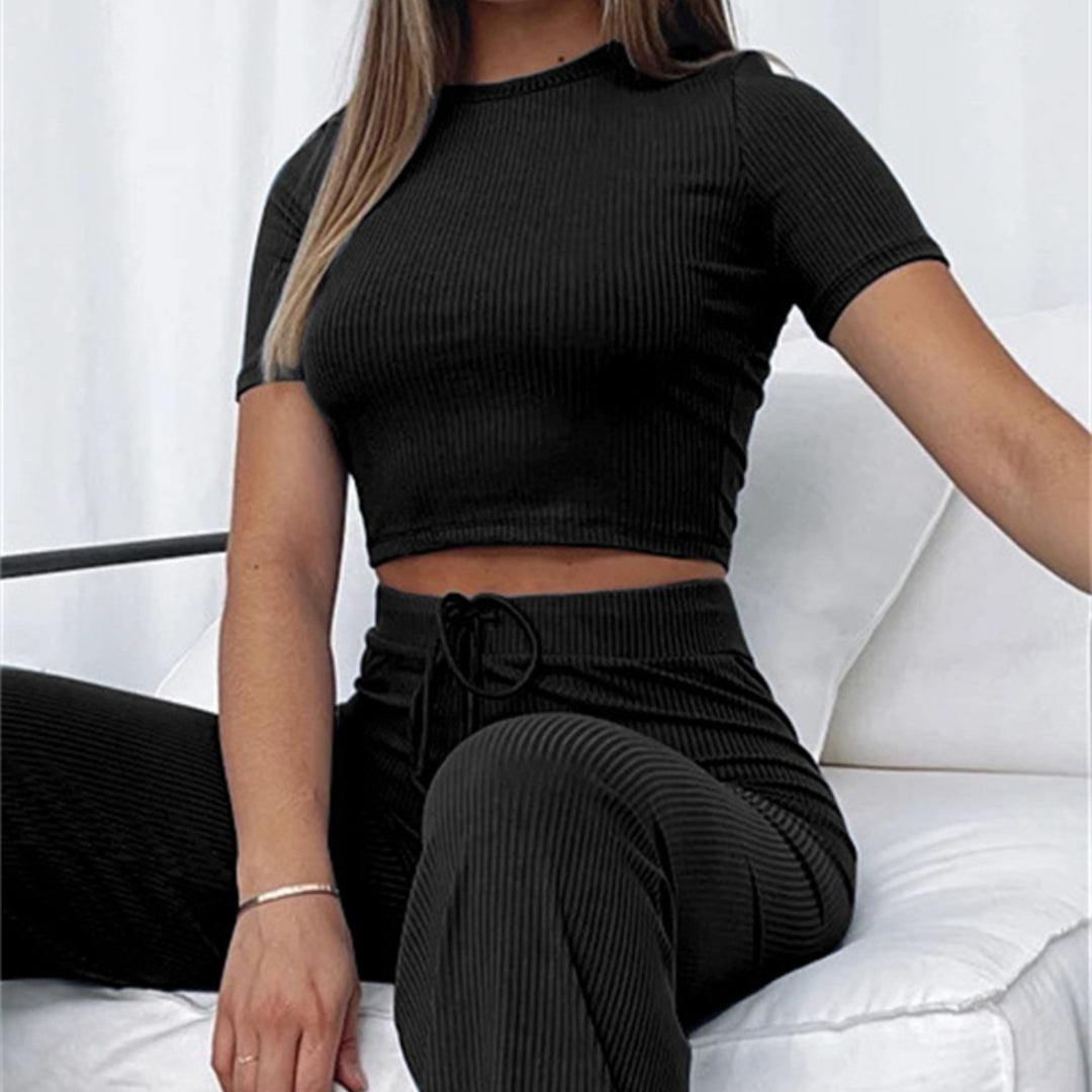 Damen lässiges Rippstrick-Cropped-Oberteil und Hose Set Drune