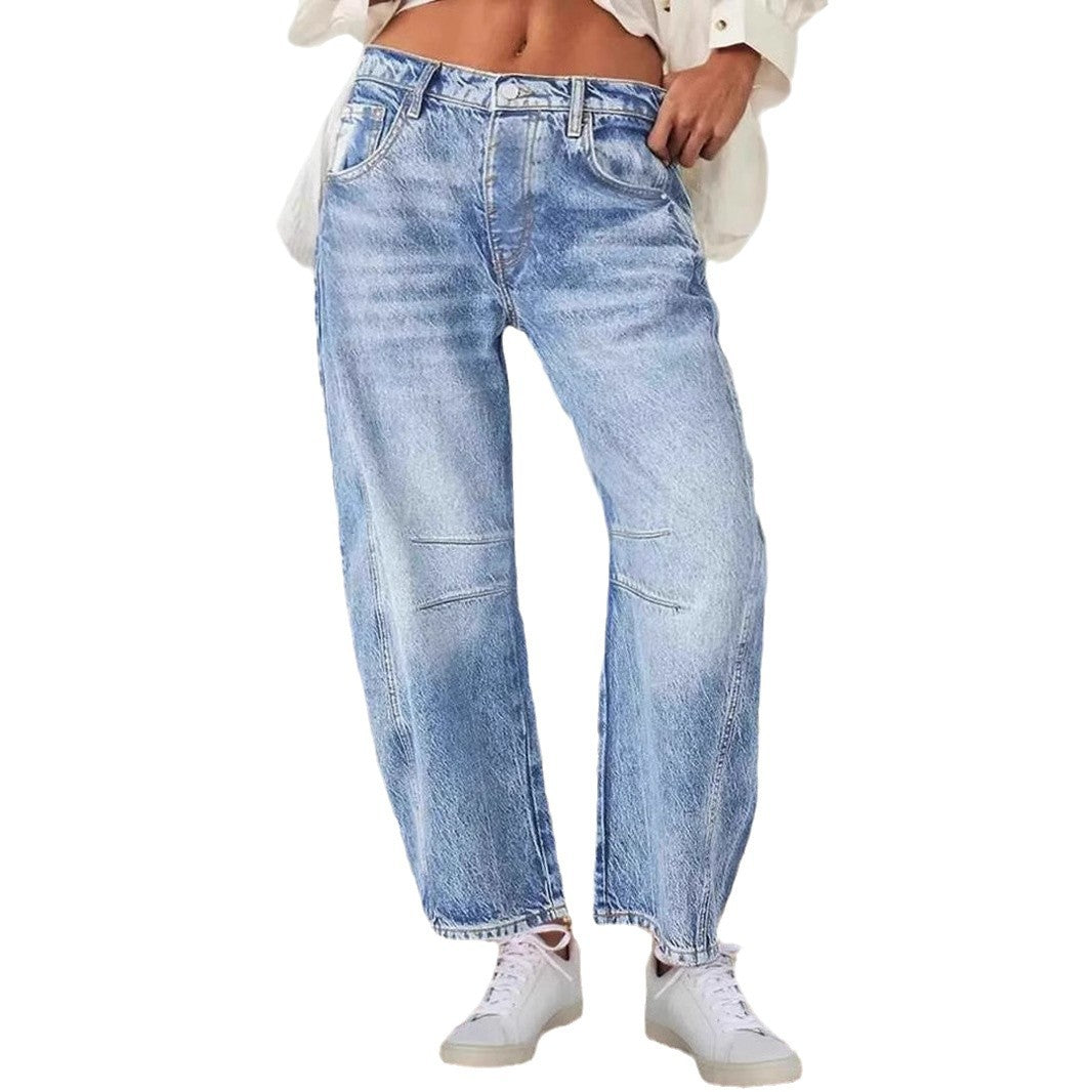 Damen weit geschnittene Denim-Jeans mit hohem Bund und modernen Designdetails Drune