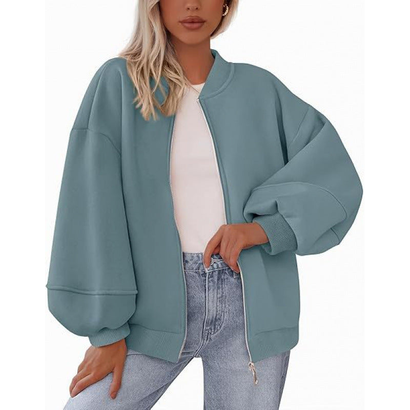 Damen lässige Oversized-Jacke mit Reißverschluss und ballonen Ärmeln Drune