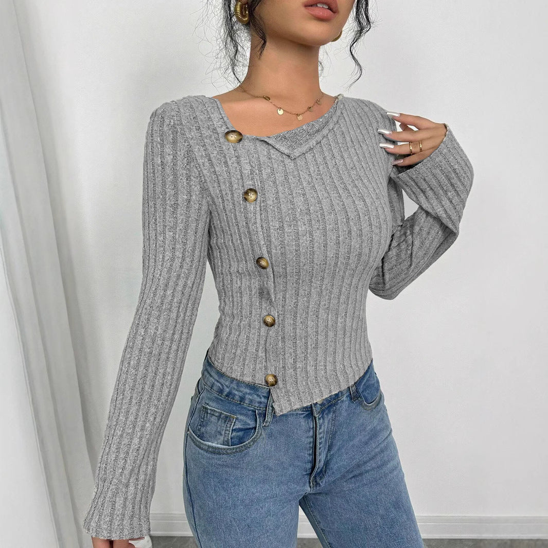 Damen Pullover mit asymmetrischem Ausschnitt und Knopfdetails Drune