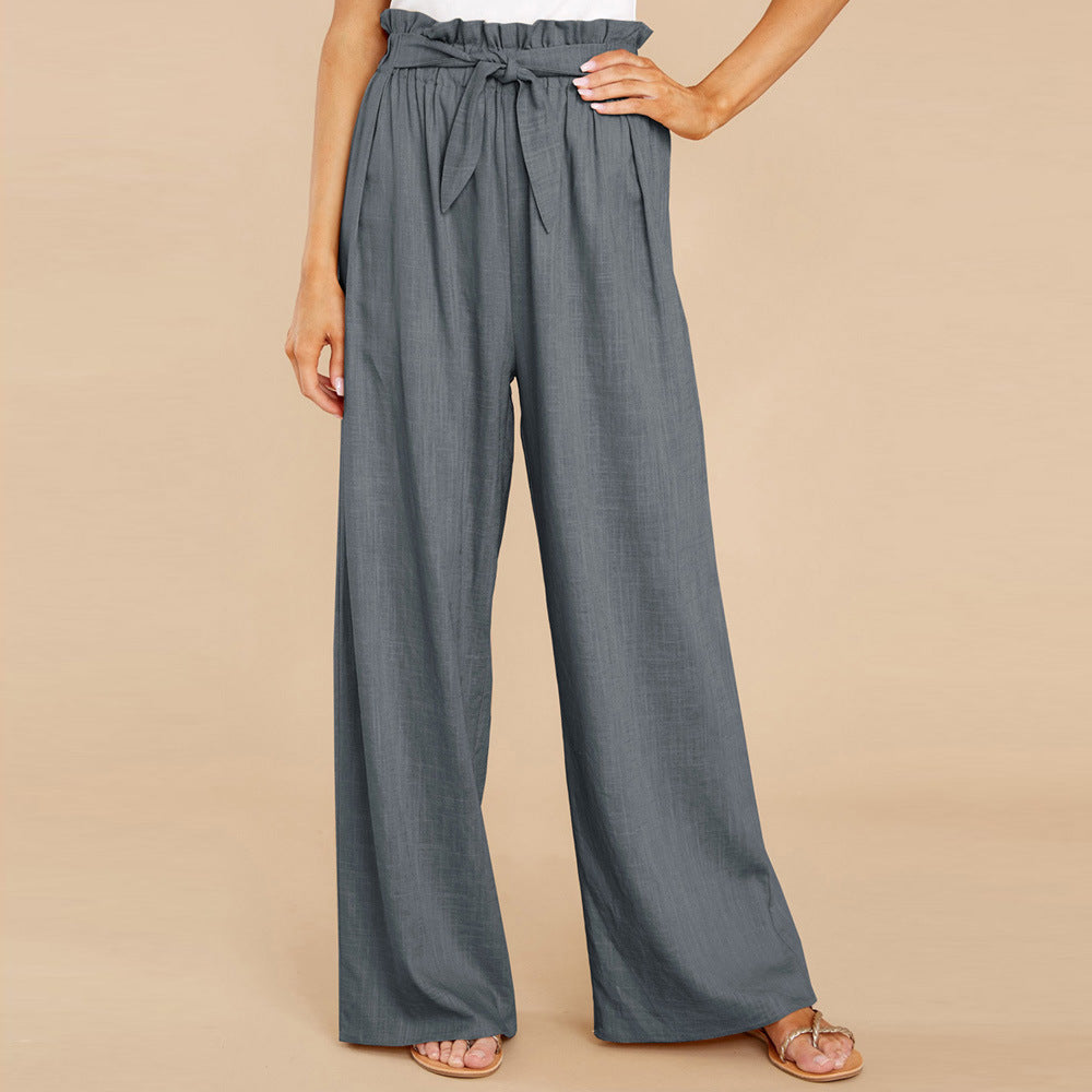 Damen nan Leinenhose mit Paperbag-Bund und weitem Bein Drune