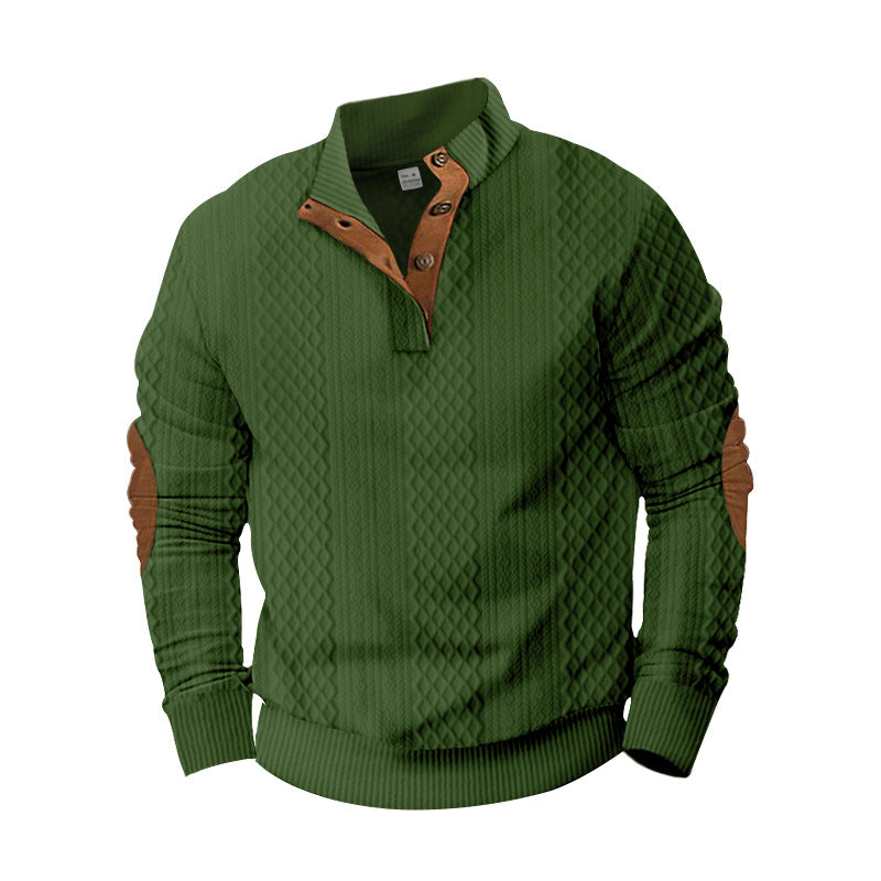 Herren nan strukturierter Henley-Pullover mit Stehkragen, Knopfleiste und Lederoptik-Ellbogenbesatz Drune