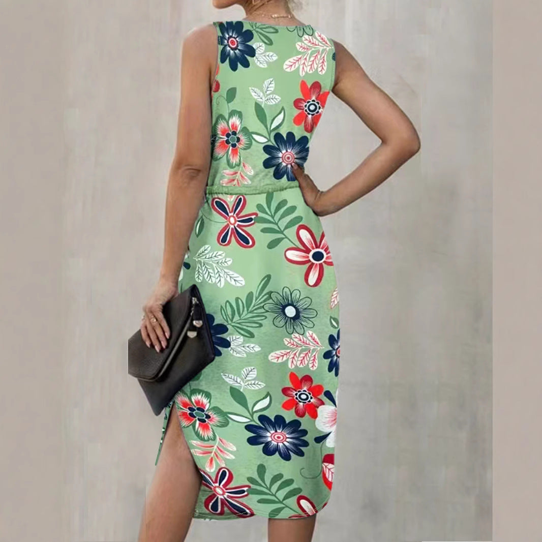 Damen Blumenmaxikleid mit elastischem Taillenkordelzug und seitlichem Schlitz Drune