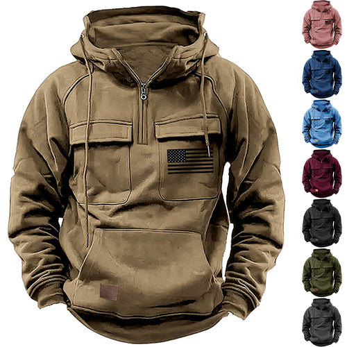 Herren nan urbaner Kapuzenpullover mit taktischen Brusttaschen und halbem Reißverschluss Drune
