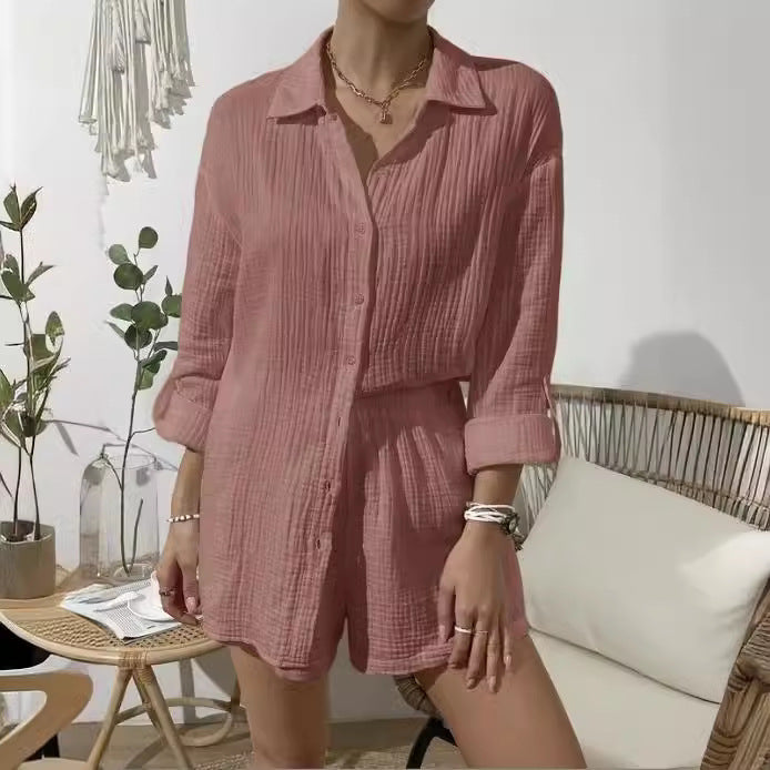 Damen nan luftig-leichter Zweiteiler Lounge-Set aus Baumwoll-Gauze mit Hemdbluse und elastischer Taillen-Shorts Drune