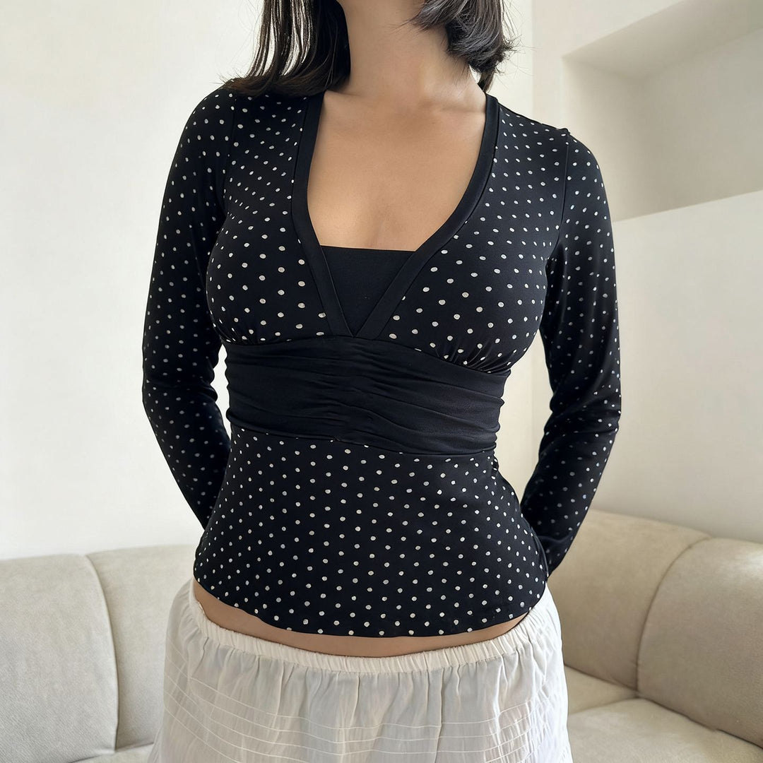 Damen nan taillierte Wickelbluse mit Polka‑Dot Muster, tiefem V‑Ausschnitt und breitem Taillenband Drune