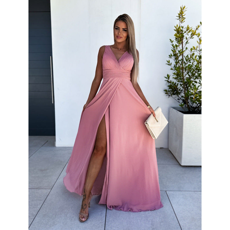 Damen Plissiertes V-Ausschnitt Abendkleid mit Hohem Schlitzdetail Drune