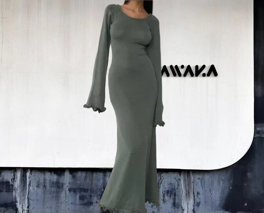 Damen Elegantes Maxikleid mit raffiniertem Rippdesign und fransigen Ärmeln Drune