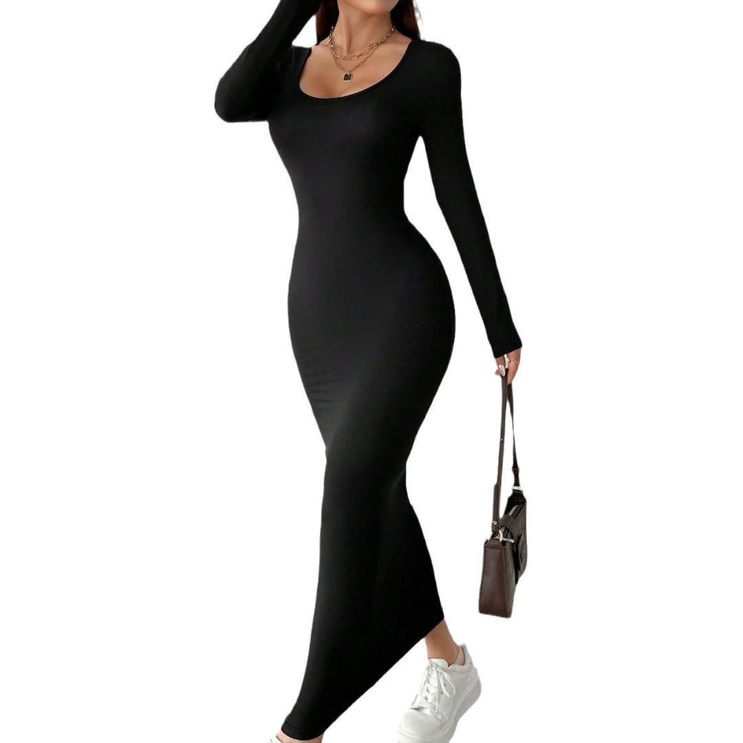 Damen figurbetontes Maxikleid mit langem Arm und elegantem Rundhalsausschnitt Drune