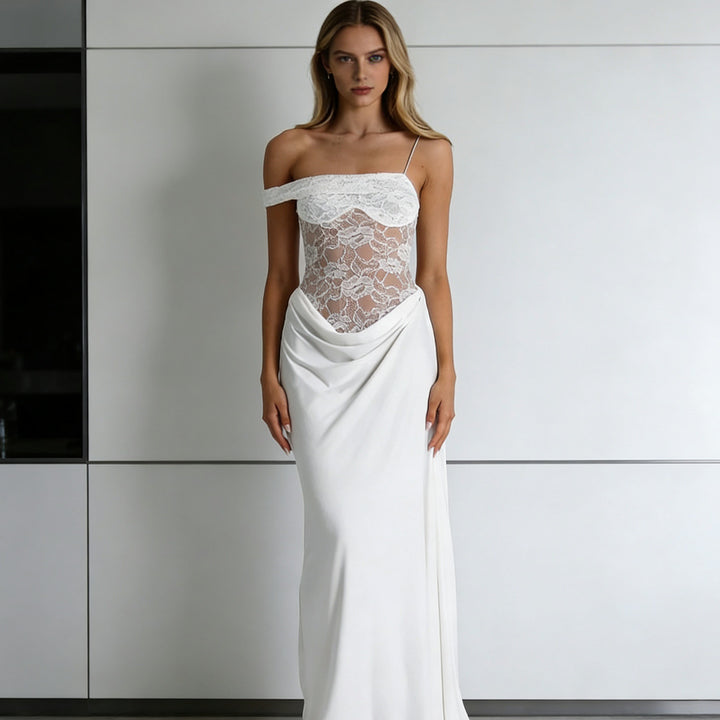 Damen Elegantes Abendkleid mit transparentem Spitzenoberteil und fließendem Rock Drune