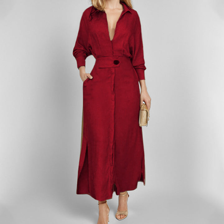 Damen Hemdblusenkleid mit tiefem V-Ausschnitt und eleganter Knopfdetail Drune
