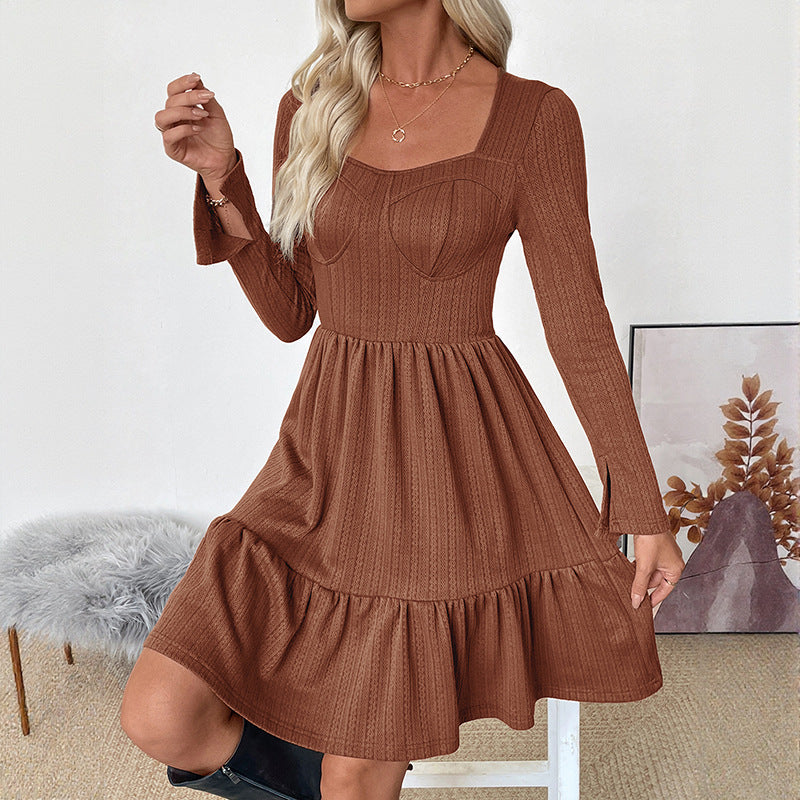 Damen lässiges Langarmkleid mit tailliertem Oberteil und voluminösem Rock Drune
