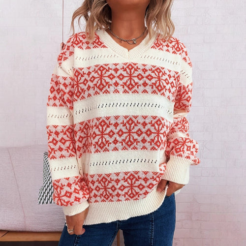 Damen Strickpullover im nordischen Muster mit tiefem V-Ausschnitt Drune