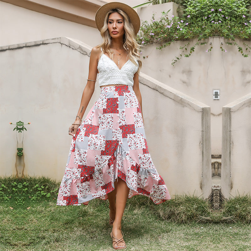 Damen Maxi-Rock mit verspieltem Patchwork-Design und Knopfdetails Drune