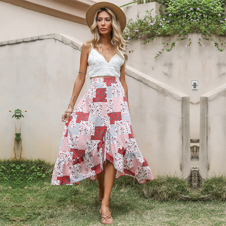 Damen Maxi-Rock mit verspieltem Patchwork-Design und Knopfdetails Drune