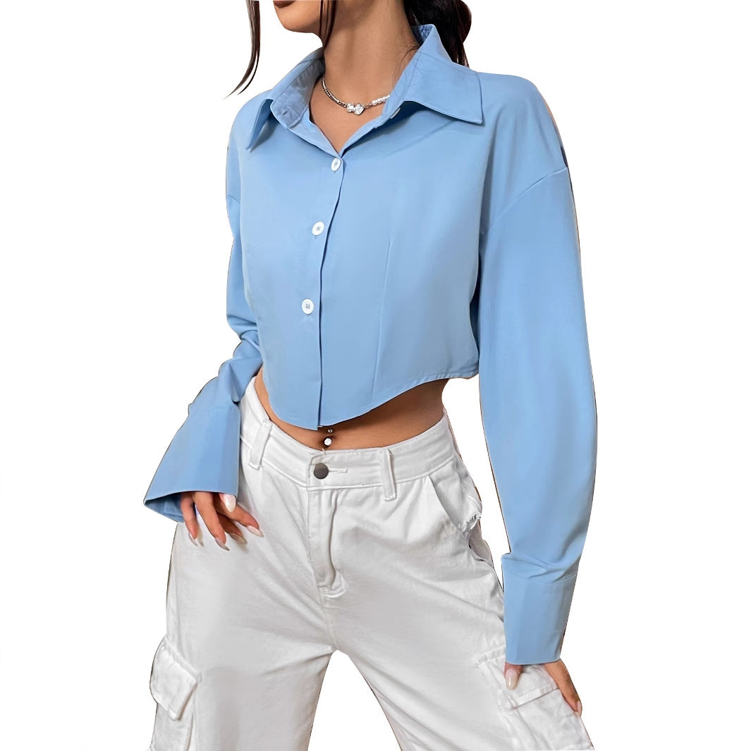 Damen cropped Bluse mit weiten Ärmeln und eleganter Knopfleiste Drune