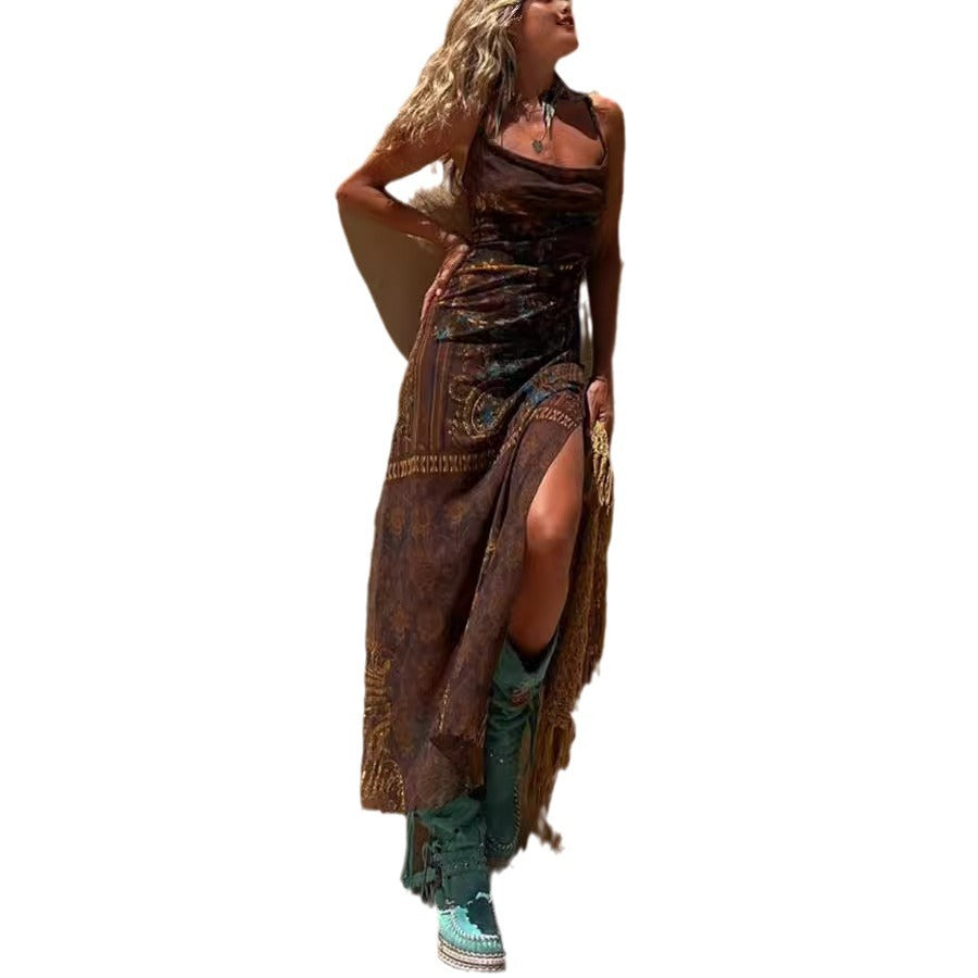 Damen Maxikleid mit asymmetrischem Ethno-Muster und schmalen Spaghettiträgern Drune