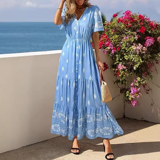 Damen Boho Maxikleid mit floralen Prints und Taillengürtel Drune