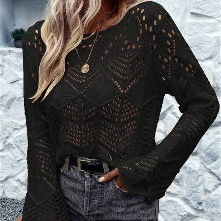 Damen Strickpullover mit filigranem Lochmuster und weitem Ärmel Drune
