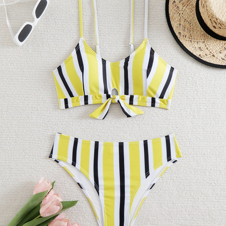 Damen Bikini-Set mit modischem Knoten und buntem Streifenmuster Drune