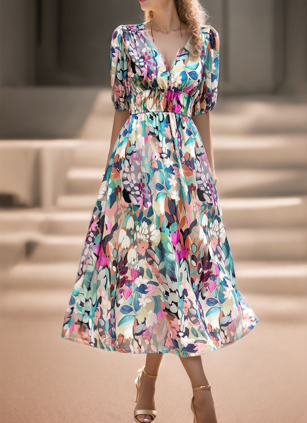 Damen Maxikleid mit voluminösen Puffärmeln und fließendem Rock Drune