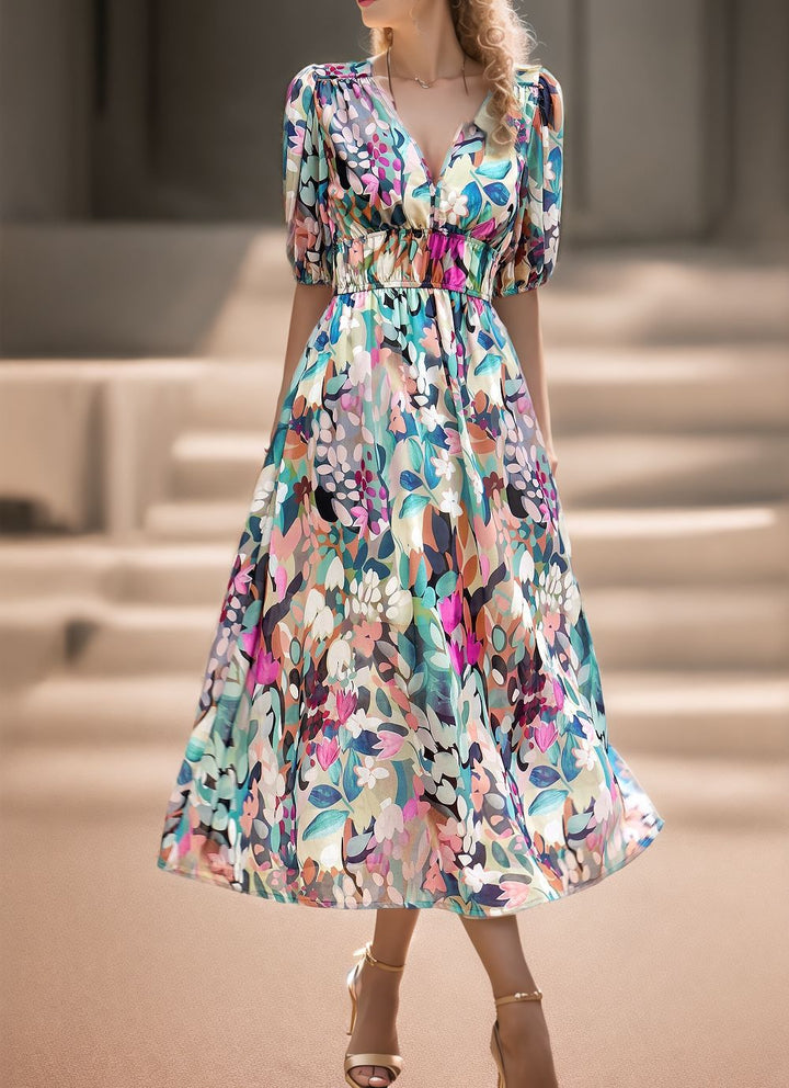 Damen Maxikleid mit voluminösen Puffärmeln und fließendem Rock Drune