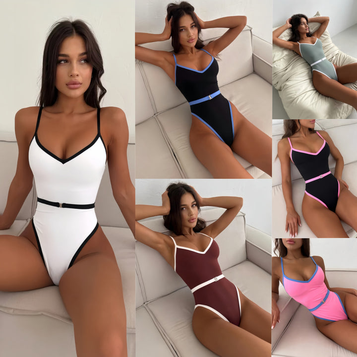 Damen Einteiliger Badeanzug mit sportlichem V-Ausschnitt und modischem Gürtel Drune