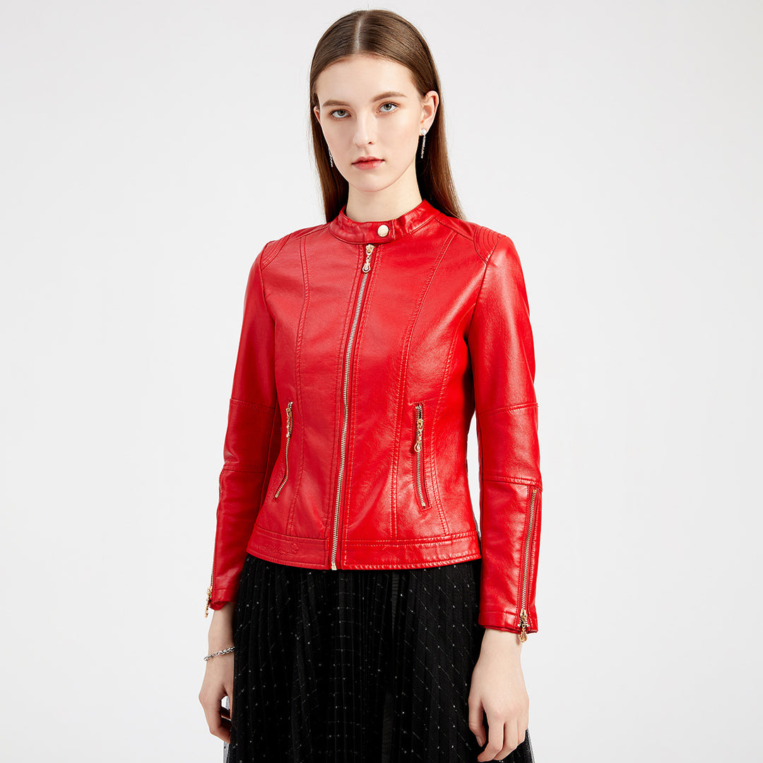 Damen modische Faux-Lederjacke mit minimalistischen Akzenten Drune
