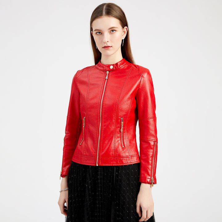 Damen modische Faux-Lederjacke mit minimalistischen Akzenten Drune