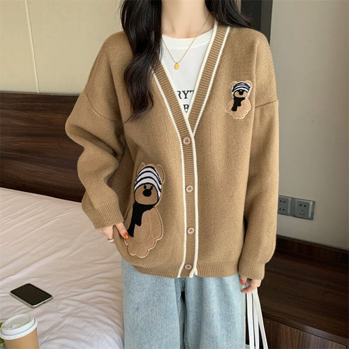Damen Strickjacke mit Bärenapplikationen und Kontrastdetails Drune