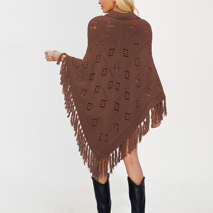 Damen Eleganter Strickponcho mit Fransen und Lochmuster Drune