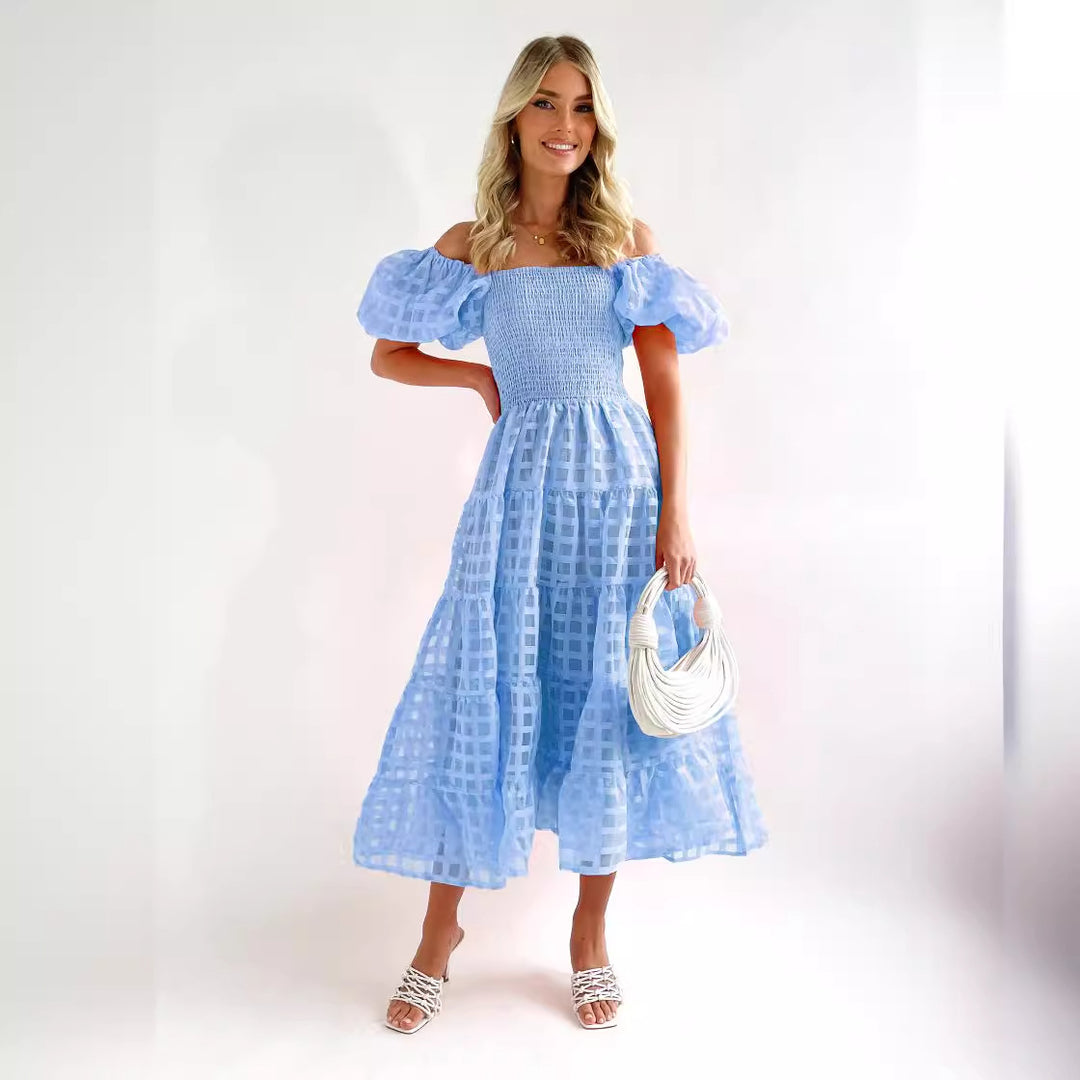 Damen Luftiges Maxikleid mit schwingendem Rock und voluminösen Puffärmeln Drune