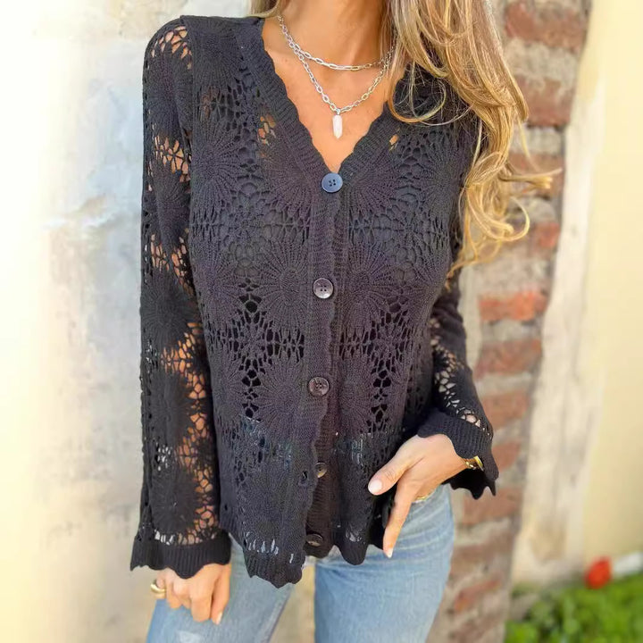 Damen Häkeljacke mit floralen Mustern und Knopfverschluss Drune