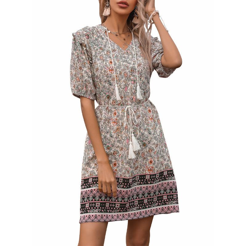 Damen Sommerkleid mit Rüschendetails und verstellbarem Taillenzug Drune