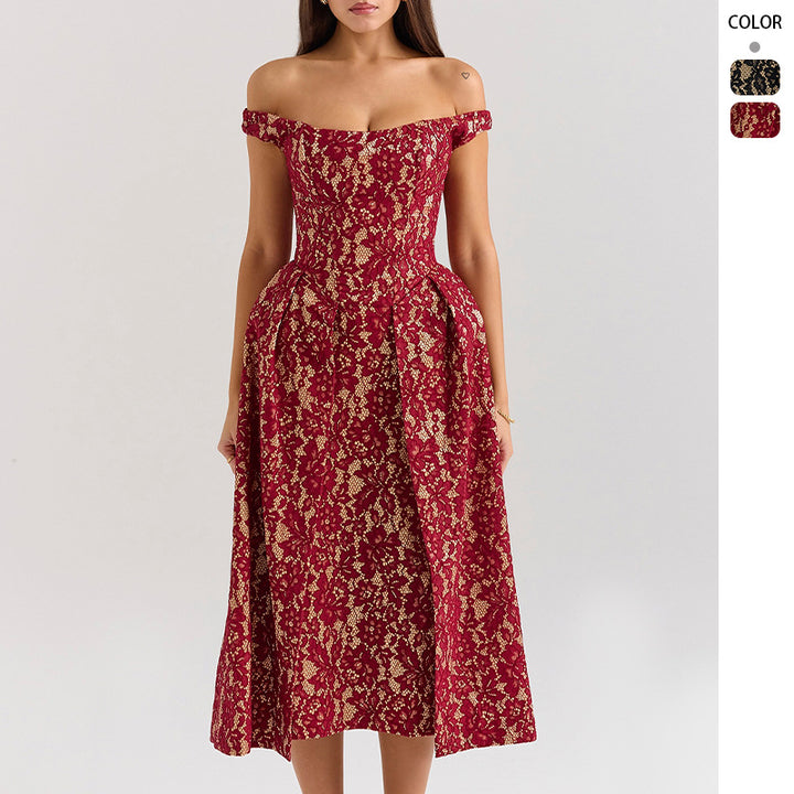 Damen Abendkleid mit schulterfreiem Design und exquisite Spitze Drune