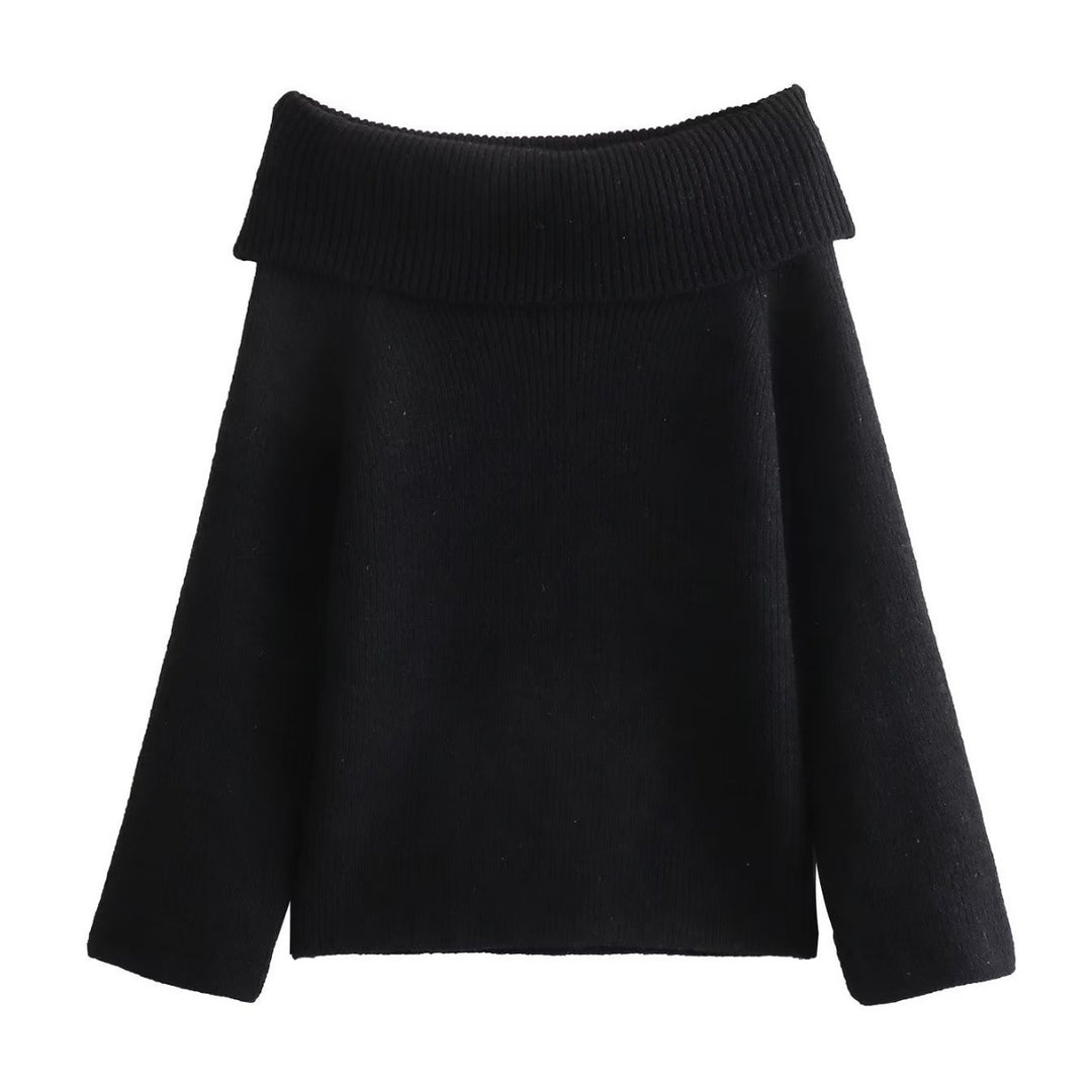 Damen nan oversize schulterfreier Strickpullover mit breitem Umschlagkragen und Rippstruktur Drune